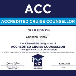 Big milestone over here 🎉I’m officially an ACC — Accredited Cruise Counselor through CLIA!This certification means advanced cruise training, industry expertise, and even better planning for my clients. Always learning so your trips are planned right 💙